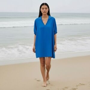Emily McCarthy Womens Small Relaxed Fit Blue Linen Blend Preppy Poppy Dress‎